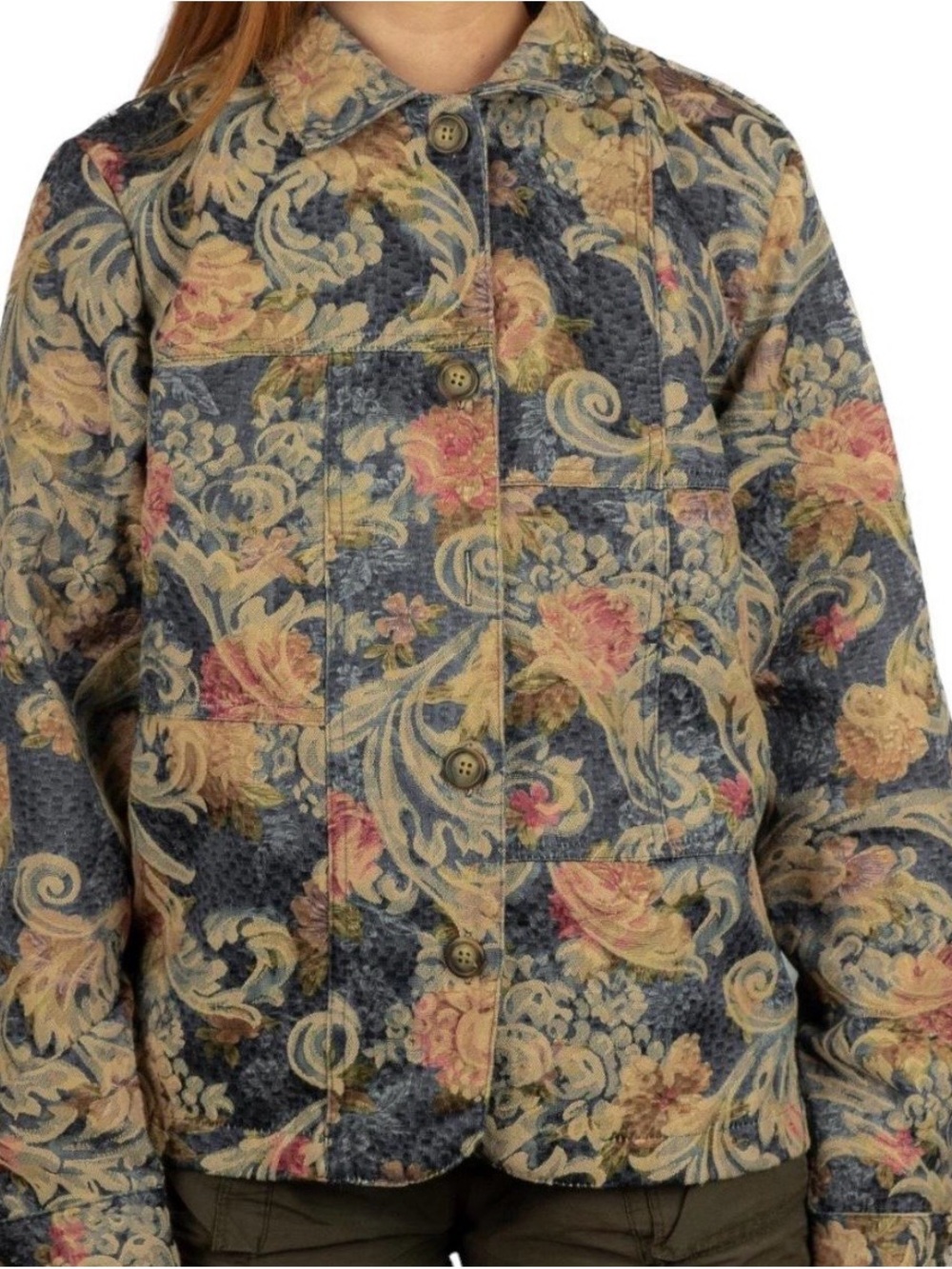 Coldwater Creek Floral Quilted Tapestry Button-Up Shacket in Blue Cream